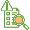 Illustration of a document, a warning sign, and a magnifying glass